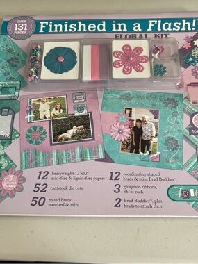 Finished in a Flash! Floral Scrapbook Kit - Teal & Pink. New but plastic opened